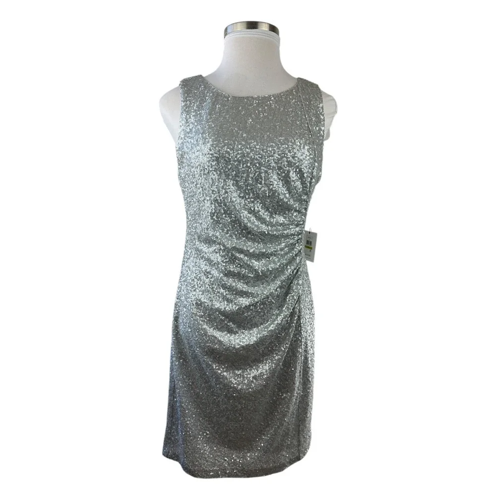 NWT Calvin Klein Sequin Ruched Sheath Shift Dress Silver Pleated Bodycon Size 14 - Picture 16 of 16
